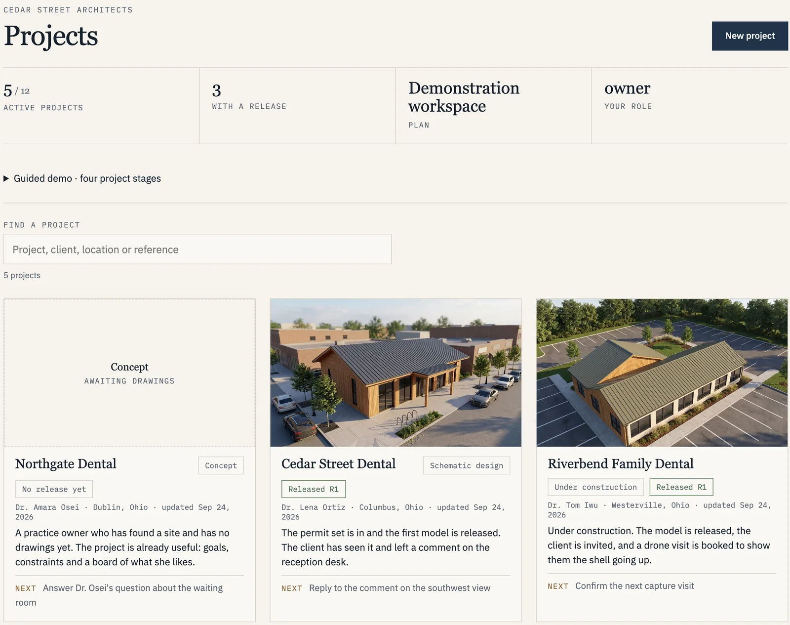 An architect firm's project list: each project with its stage, release and the next thing to do