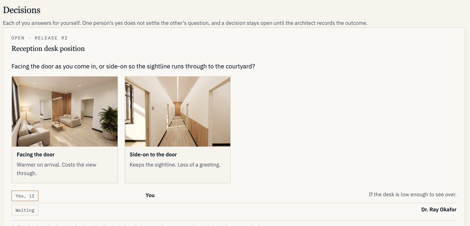 A decision between two reception-desk options, with each person's answer recorded