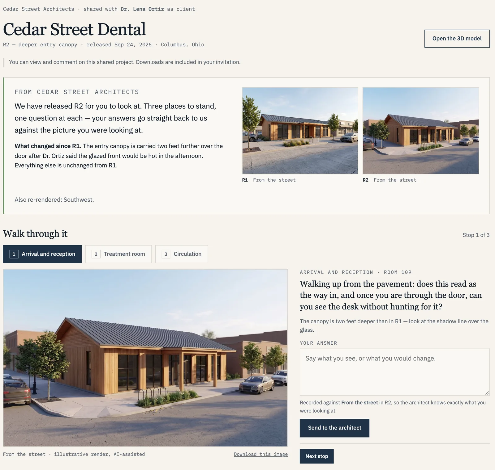A client's view of a released design: what changed since the last version, before-and-after views, and a guided walk-through with a question at each stop
