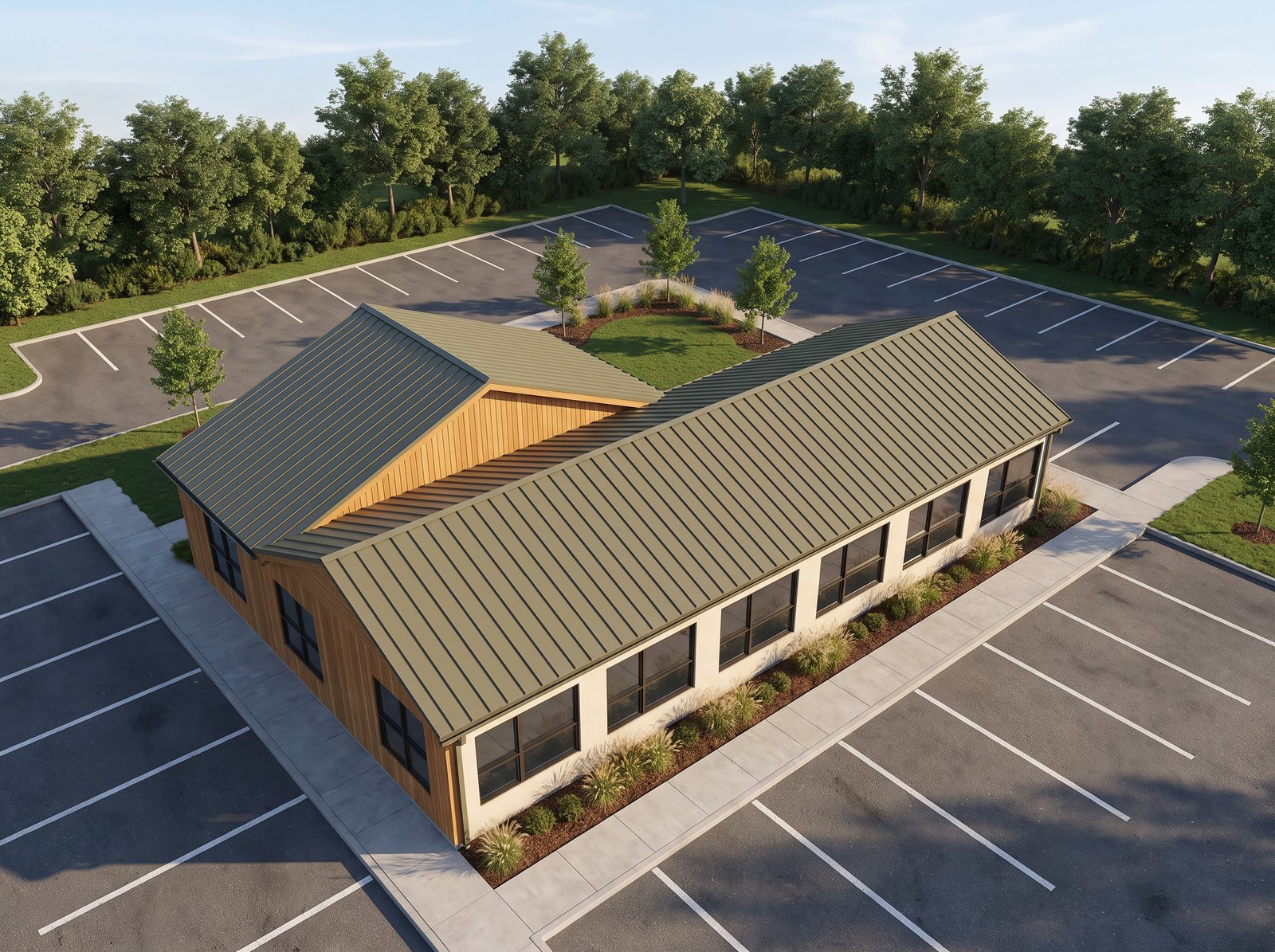 Riverbend Family Dental from the air, photoreal render